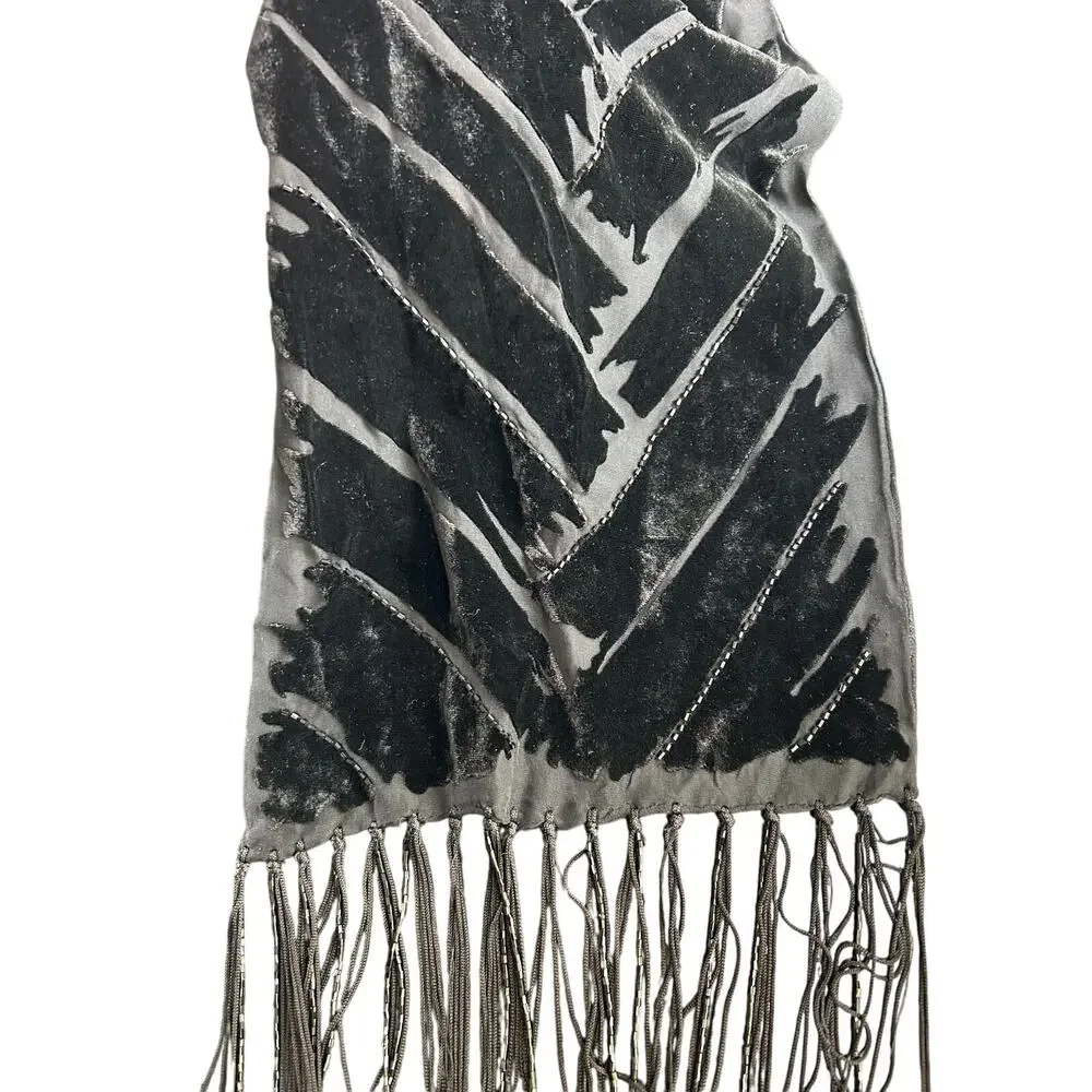 Vtg Shawl -58x 9.5”Crushed Burnout- Black beaded tassel fringe whimsigoth